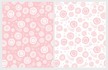 Cute Hand Drawn Floral Vector Patterns. White Abstract Flowers. Pink Background. Irregular Simple Design.