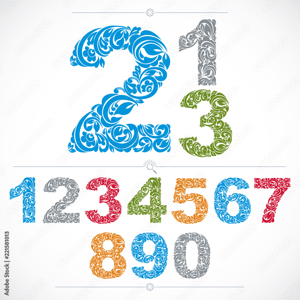 Poster ecology style flowery numbers, vector numeration made using natural ornament. colorful digits create