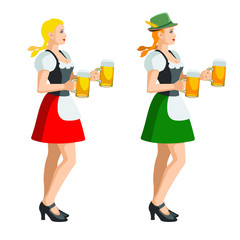 Two isolated figures of Oktoberfest girls in Bavarian folk costumes with beer mugs