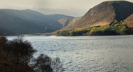 Scottish landscape. Loch Muick in Cairngorms National Park. Royal Deeside, Ballater, Aberdeenshire, Scotland, United Kingdom.