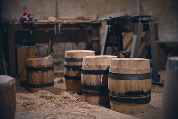 old village workshop with different wooden tools