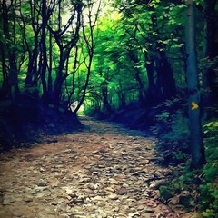 Obraz premium Oil painting. Art print for wall decor. Acrylic artwork. Big size poster. Watercolor drawing. Modern style fine art. Paiting for sale. Beautiful autumn landscape. Wild nature forest road. 