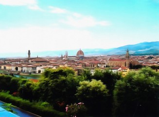 Oil painting. Art print for wall decor. Acrylic artwork. Big size poster. Watercolor drawing. Modern style fine art. Painting for sale. Beautiful mountain autumn landscape. Old city view. Blue sky. 