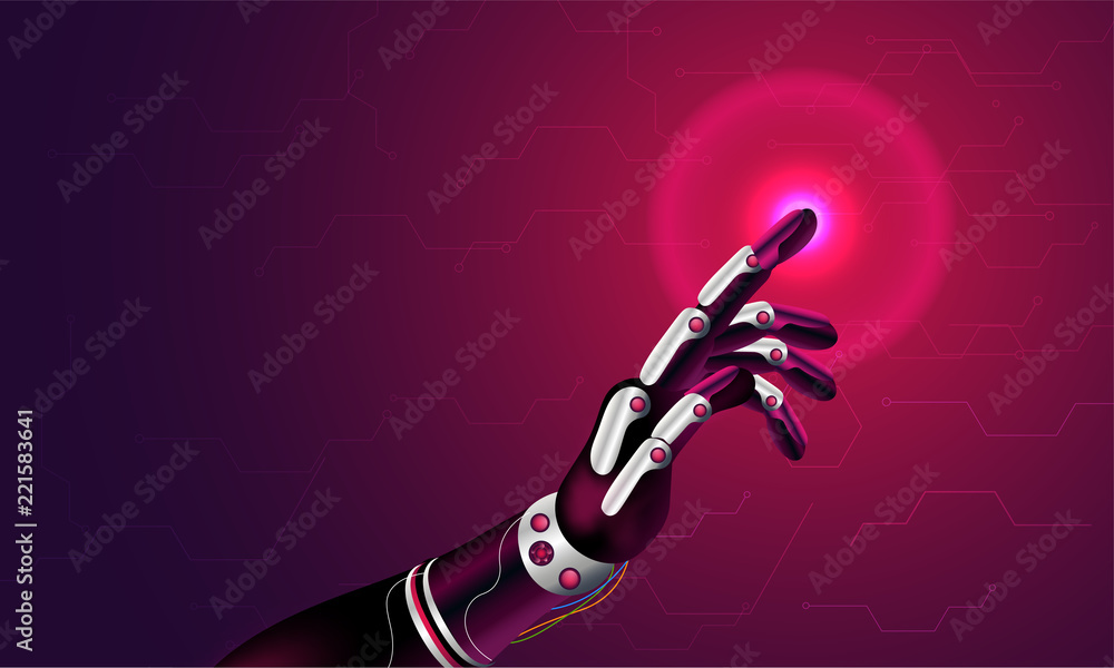 Wall mural future concept for artificial intelligence and virtual world. robotic hand is touching a virtual spa