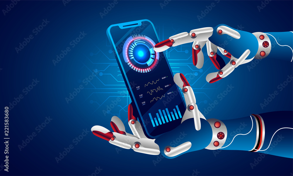 Aufkleber future concept for artificial intelligence and virtual world. robotic hand is touching a virtual spa