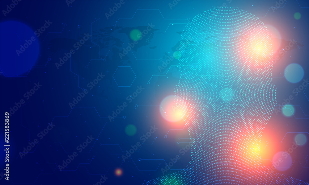 Poster responsive web banner design, illustration of human face made by tiny particles between glowing digi