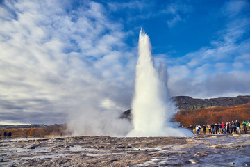 steam from geysers in Iceland in autumn