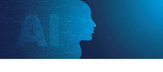 Future of Artificial Intelligence (AI), Human face with AI text made by digital circuit on blue background for web banner design. - obrazy, fototapety, plakaty