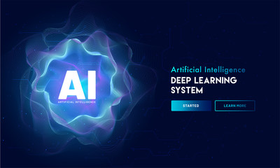 Artificial Intelligence (AI) landing page design, hi-tech blockchain network on neural network background.