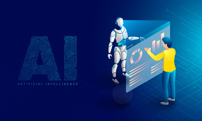 Future of Artificial Intelligence (AI), robotic data monitoring or analysis concept based isometric design. Responsive web banner. - obrazy, fototapety, plakaty