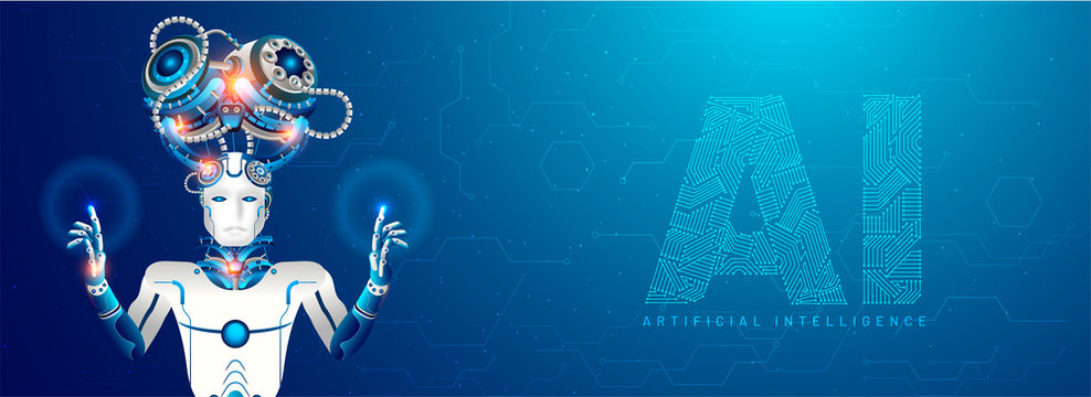 Artificial Intelligence (AI) responsive web banner design, Humanoid robot touching a virtual space display with AI text on ski-fi background.