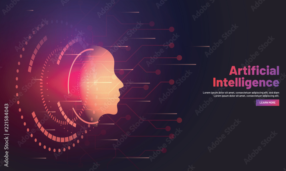 Poster responsive web banner design with illustration of human face on hi tech background for artificial in