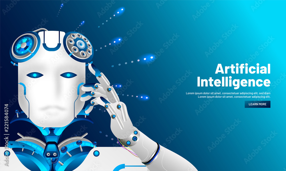 Poster artificial intelligence (ai) responsive web template design, cyborg thinking on shiny blue backgroun