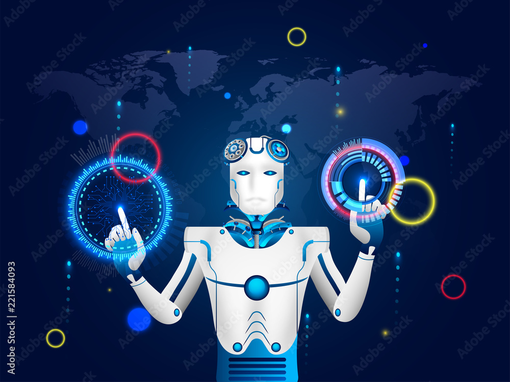 Sticker Illustration of humanoid robot working with virtual HUD interface screen for Artificial Intelligence (AI) era or virtual reality concept.