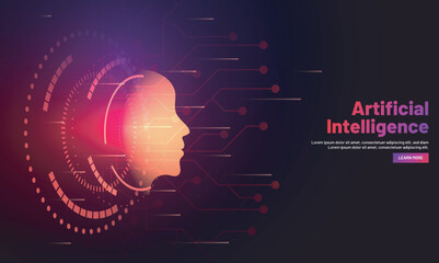Responsive web banner design with illustration of human face on hi tech background for Artificial Intelligence (AI) concept. - obrazy, fototapety, plakaty