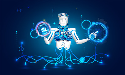 Artificial Intelligence (AI) concept, illustration of  humanoid robot working with virtual HUD interface screen on blue background.