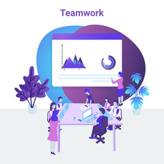 Teamwork concept, modern flat design with a group of business people working on data analysis.