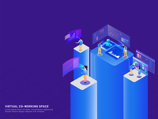 Miniature Business People Analysis the Data through VR Glasses on blue background, Virtual Coworking Platform concept based isometric design.