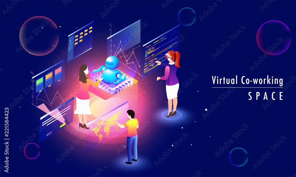 Poster virtual co-working space concept based landing page design with minature people analysis data togeth