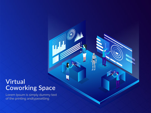 Virtual Co-Working Space, Isometric illustration of business people analysis data through VR glasses for remote working concept based web template design.