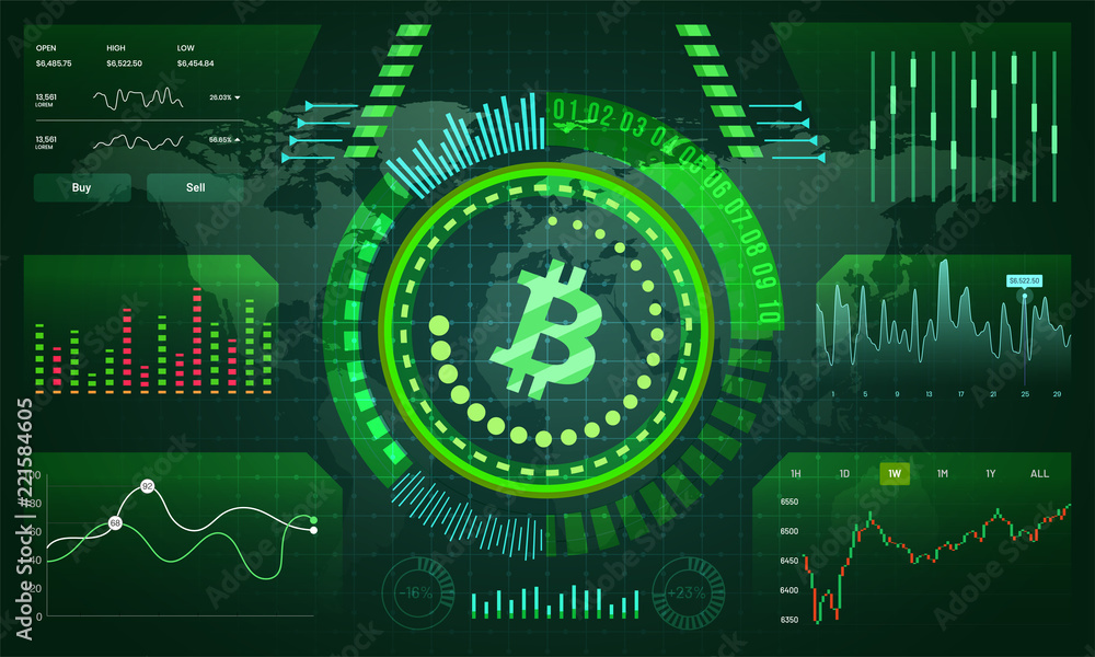 Poster head-up display of a bitcoin trading platform, cryptocurrency exchange platform concept.