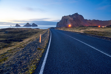 Fototapeta premium Road on the Westman islands in Iceland at night