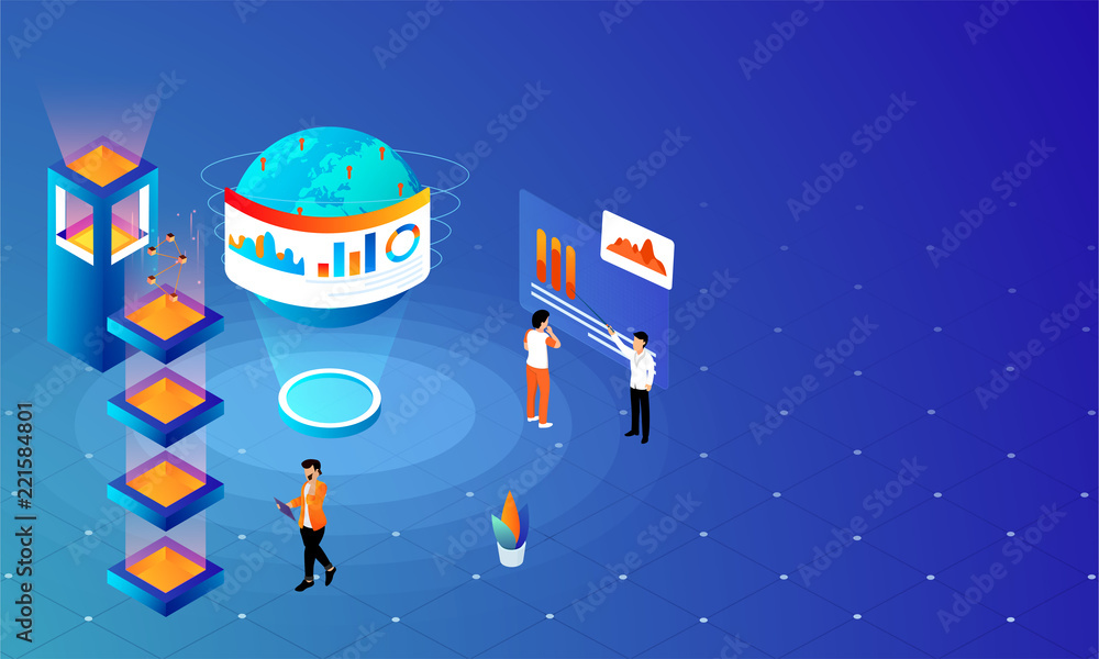 Aufkleber web template design, miniature business people analysis data on shiny blue background for global dat