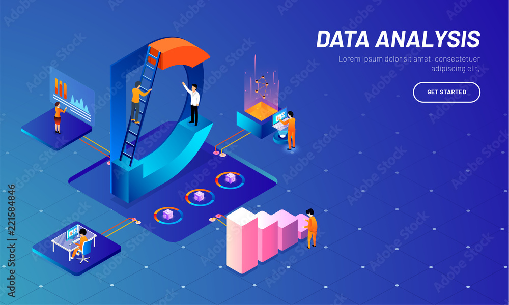 Poster data analysis concept based web template, isometric design with miniature business people analysis d