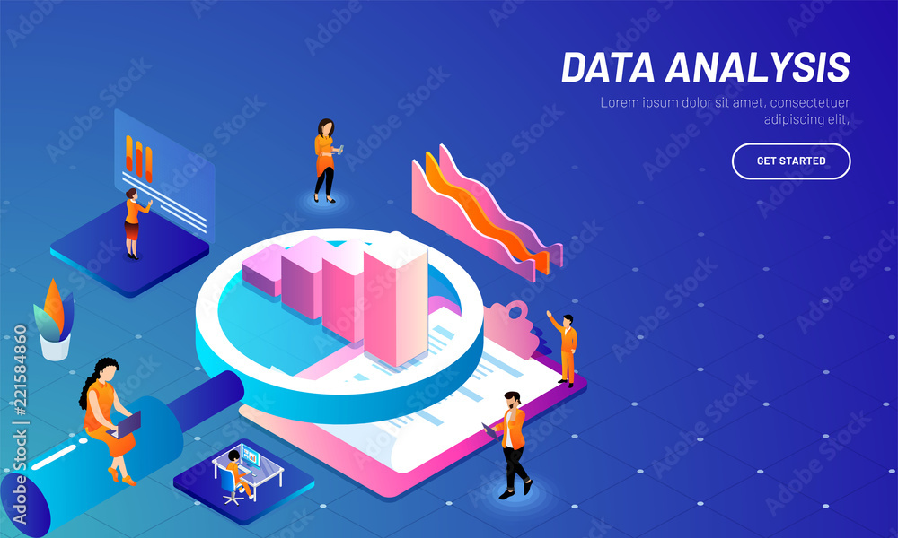 Poster data analysis concept based web template design with 3d illustration of magnifying glass, bar graph,