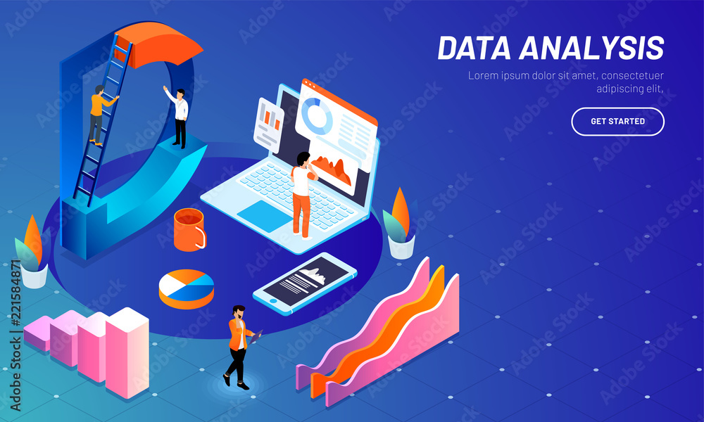Aufkleber website template design with 3d letter d, miniature people maintain data, analytics analysis stats w