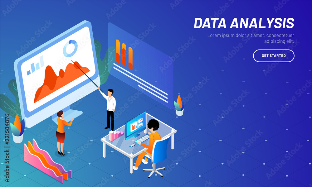 Poster responsive web template design with isometric illustration of miniature business people or analyst, 