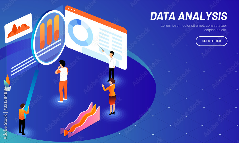 Poster data analysis concept based web template design with isometric illustration of business people maint