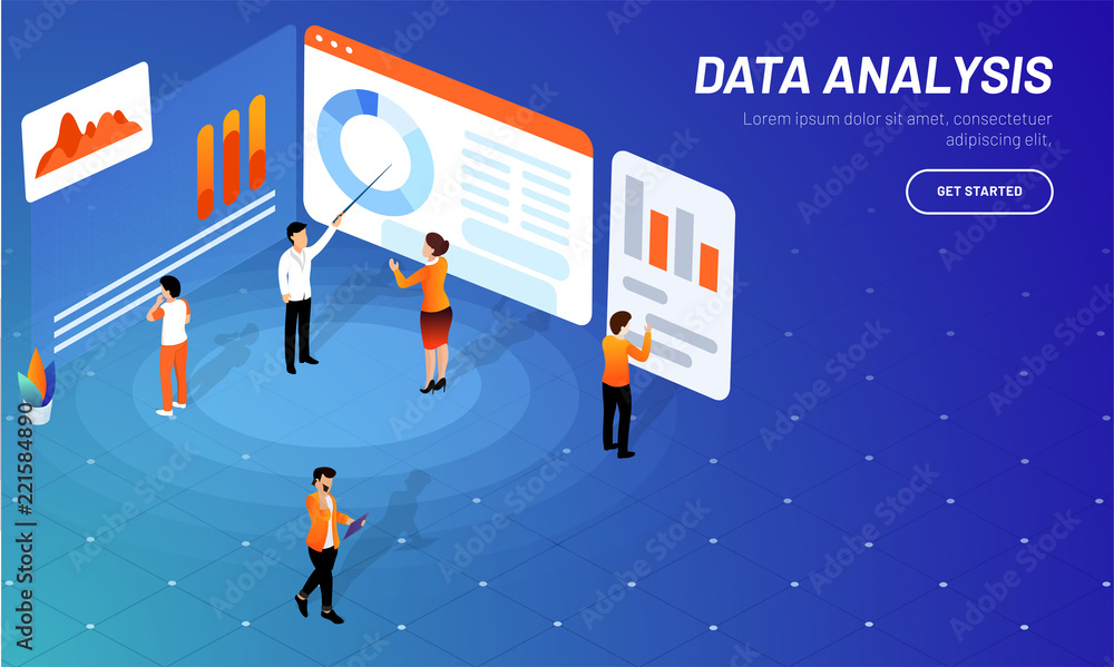 Poster data analysis concept with isometric illustration of miniature business people maintains or analysis