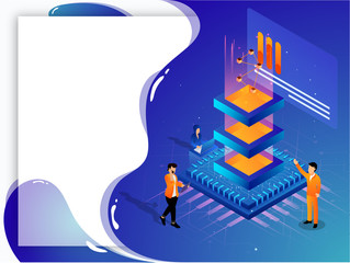 Big data storage or data analysis concept based isometric design with illustration of business people maintain big data server. Can be used as web template.