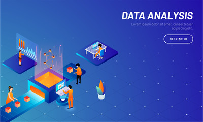 Isometric illustration of working business people or analysts, maintain data server or analysis stats for Data Analysis concept.
