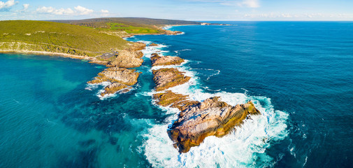 Aerial photograph of Canal Rocks in Yallingup, between the towns of Dunsborough and Margaret River in the South West region of Western Australia, Australia. - obrazy, fototapety, plakaty