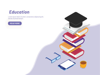 Isometric illustration of books stack with smartphone and mortarboard for Education concept based web template design.