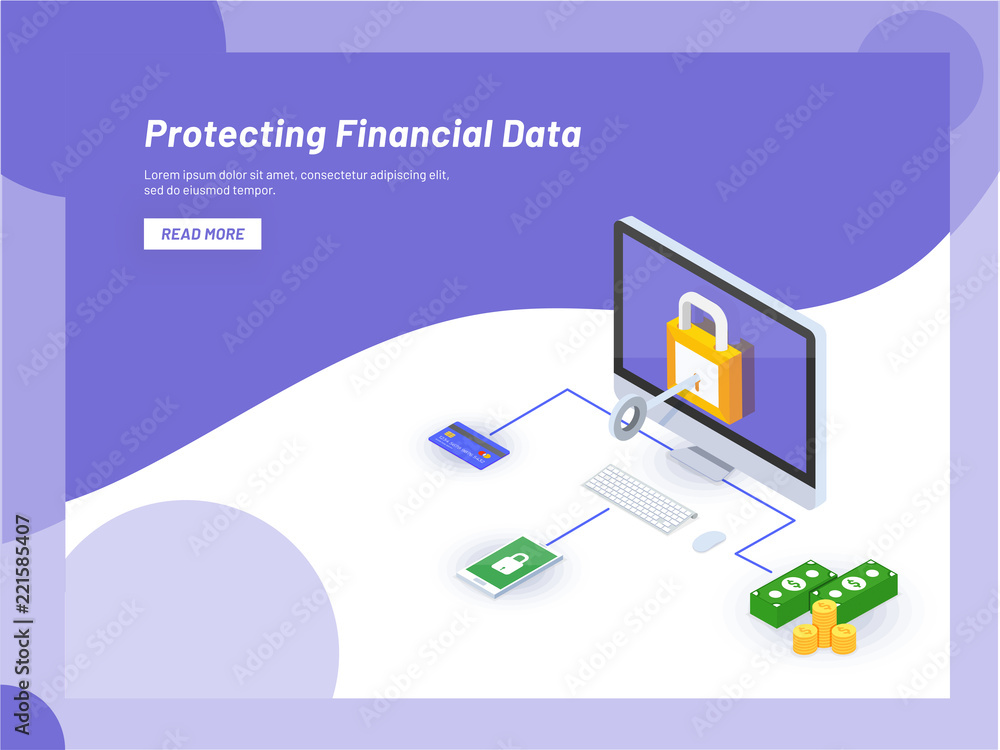 Poster online monetray data security, isometric desktop with padlock, banknote and coin stacks. protecting 