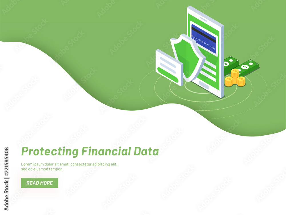 Poster monetary data protection, isometric smartphone with coin stacks and banknote on green background, is