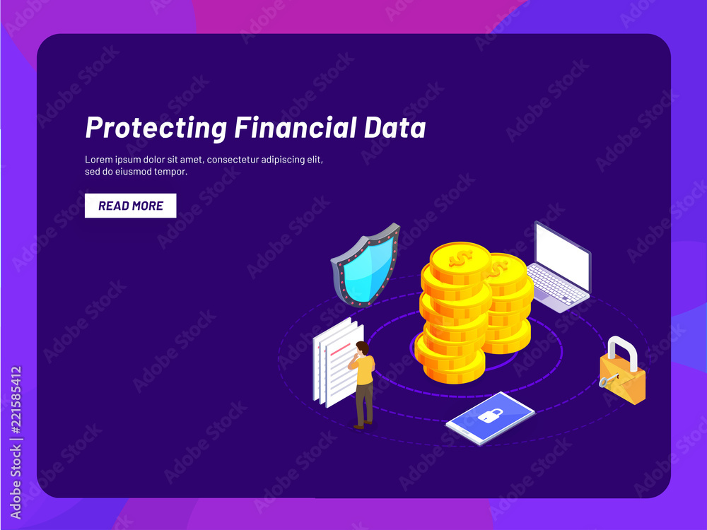 Poster protecting financial data concept based landing page design, stack of coins with security shield, sm