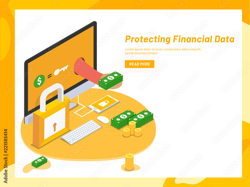 Poster protecting financial data concept based landing page design, online monetray data security, isometri
