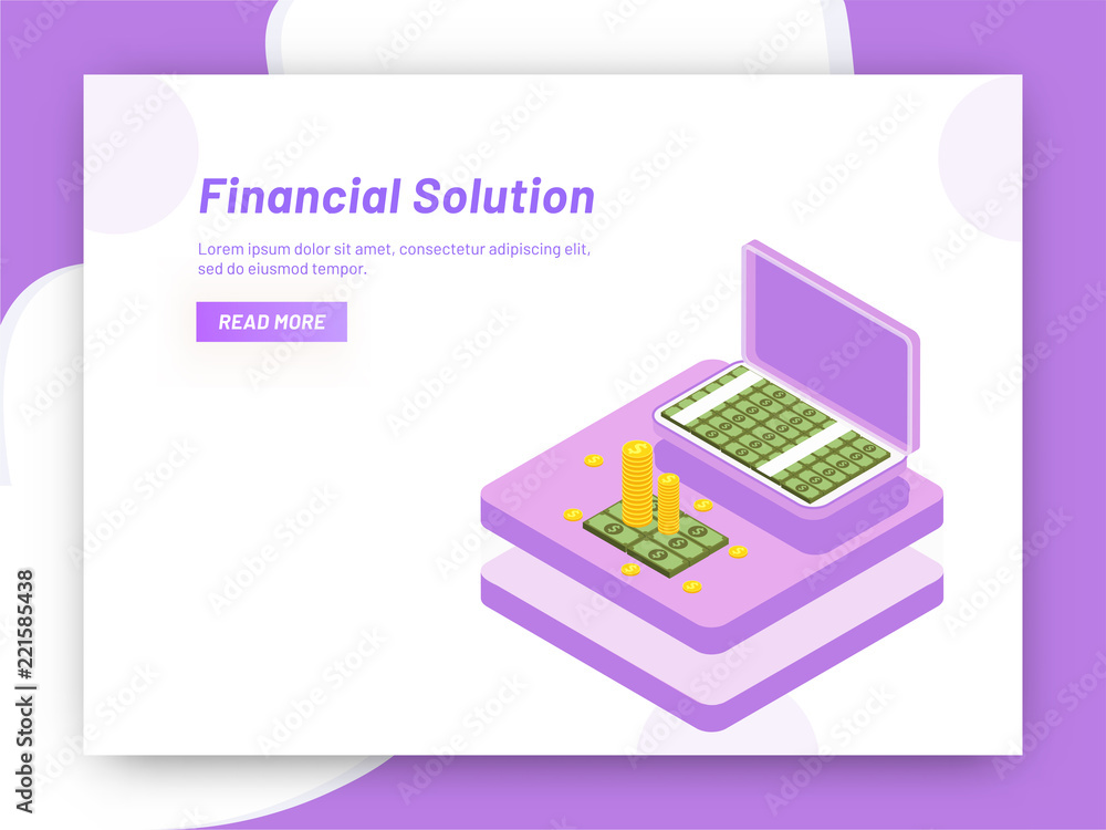 Poster responsive web template design, isometric coins with briefcase full of banknotes for financial solut