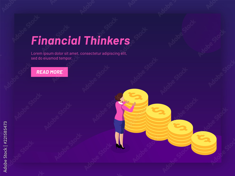 Poster financial thinker concept based isometric design with coin stack graph on purple background.
