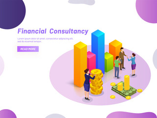 Financial Consultancy concept, miniature lady consultant providing monetary solution to business people, Responsive web template design.