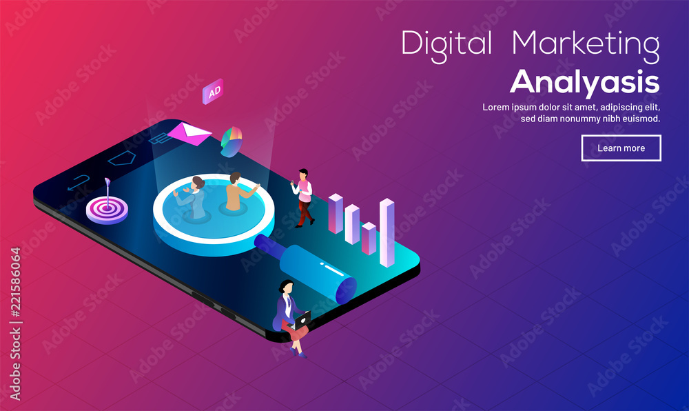 Poster digital marketing analysis concept based web banner design, people on smartphone with magnifying gla