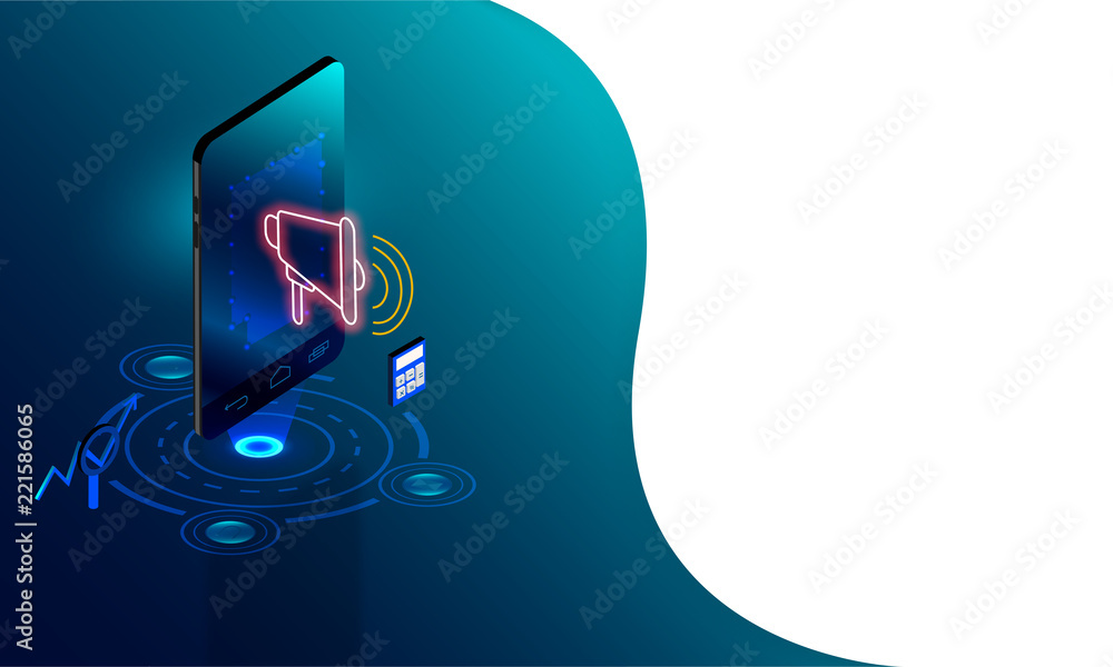 Poster 3d illustration of smartphone with megaphone, calculator and magnifying glass on abstract background