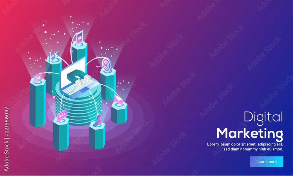 Poster digital marketing concept with isometric database connected to different marketing ways on pink and 