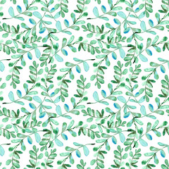 Watercolor seamless pattern of leaves on white background.