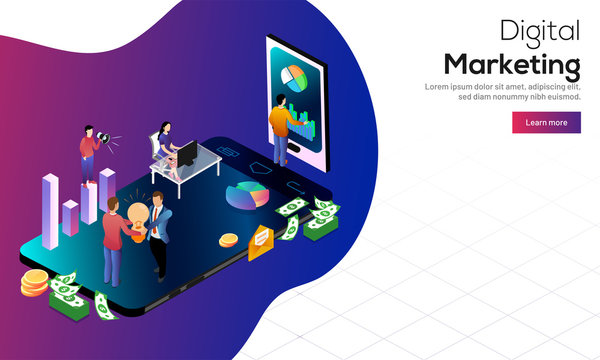 Isometric design with business people analysing data, boy holding megaphone for advertising with info chart and coin stacks on smartphone screen, web template for Digital Marketing concept.