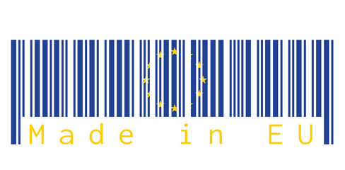 Barcode set the color of European Union flag, the blue color and yellow star on white background with text: Made in EU. concept of sale or business.